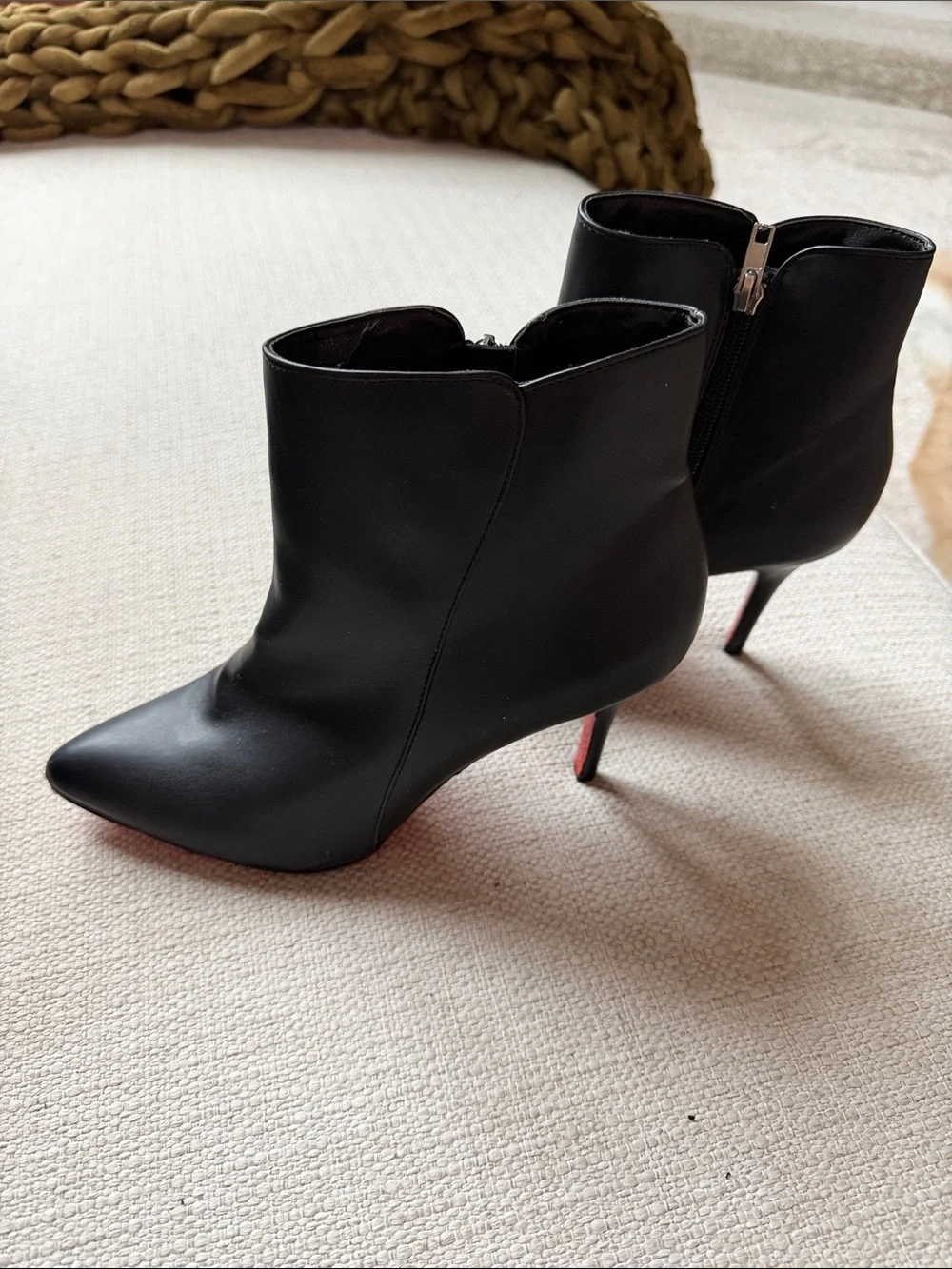 Pointed Black Leather Ankle Booties with Side Zip